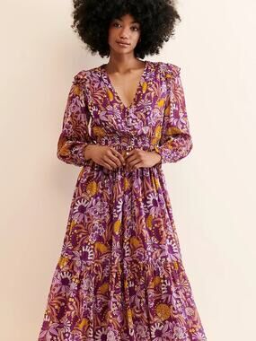 Banjanan Violet & Mustard Floral V-Neck Maxi Dress large